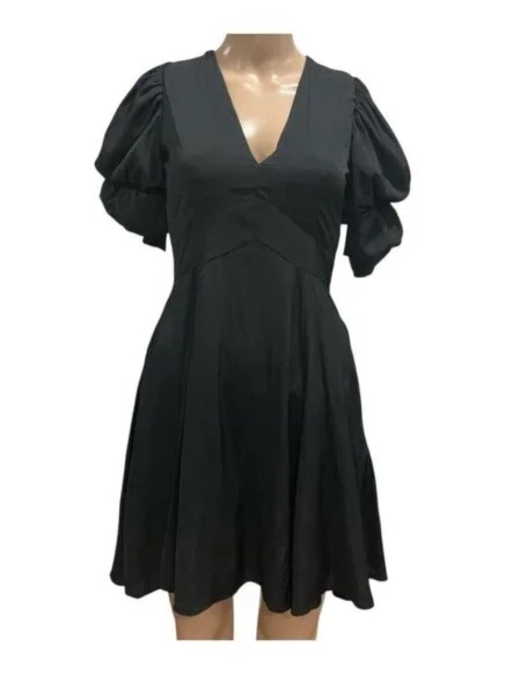NWT 1.STATE Women's V-Neck Tiered Bubble Puff Sleeve Mini Dress Black Size XXS